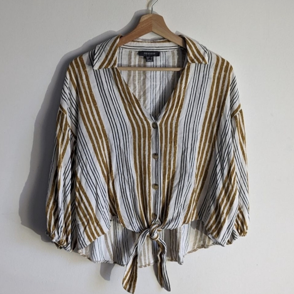 Primark Yellow Striped Button Down Boxy Tie Knit Blouse Top